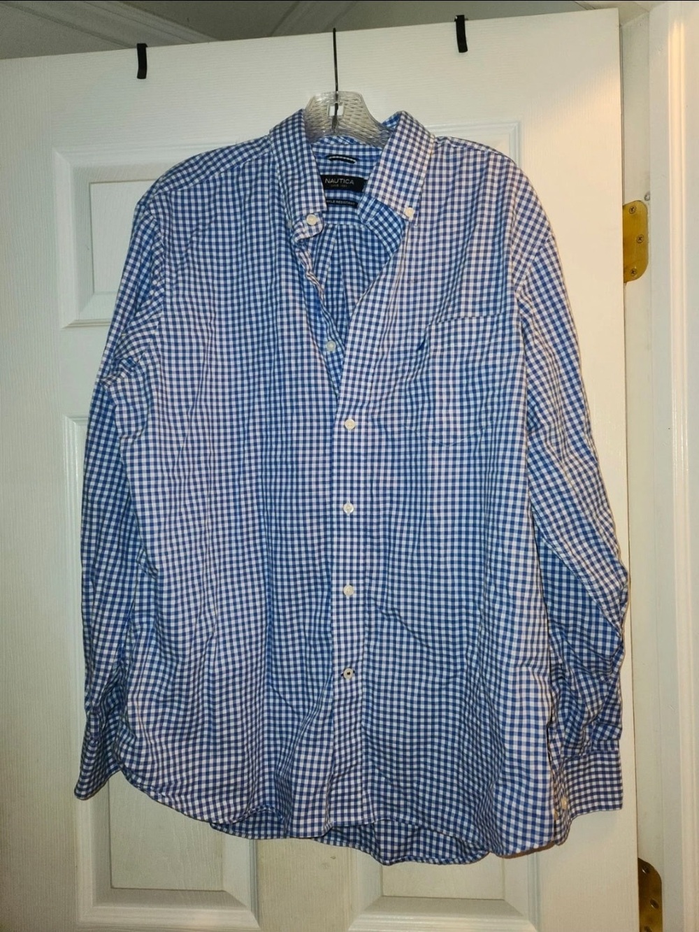 Nautica Blue White Gingham Check Long Sleeve Button Down Shirt No Wrinkle Mens L